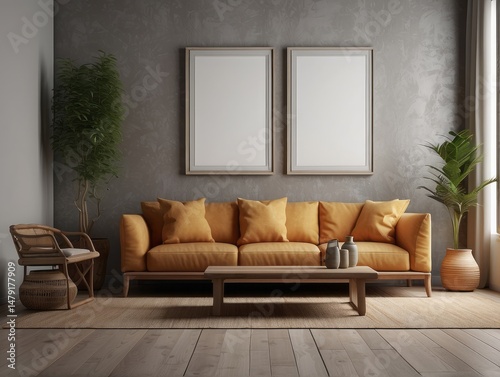 Mock up frame in home interior background, nomadic living room with bench and decor