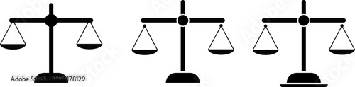 Scale icon set. Law punishment sign. Vintage balance and equilibrium. Weight icons. Judgement justice scales symbols