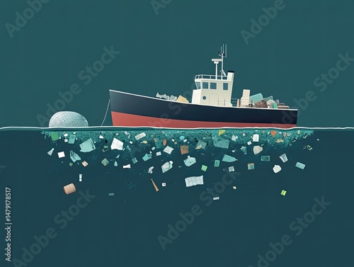 Ocean pollution: A tugboat laden with plastic debris.