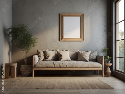Mock up frame in home interior background, nomadic living room with bench and decor