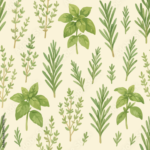 Watercolor herbs like thyme, rosemary, and basil, illustration, vector for background, kitchen towels and culinary branding
