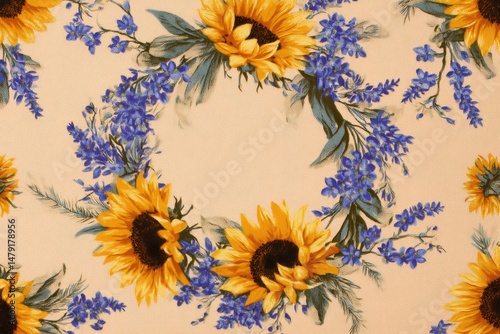 Floral wreath design with sunflowers and purple flowers.