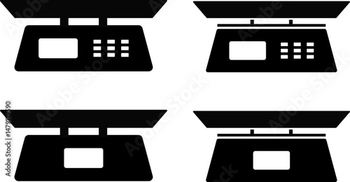 Scale icon set. Judgement justice scales symbols. Law punishment sign. Vintage balance and equilibrium. Weight icons