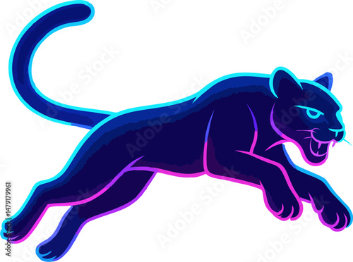 Futuristic neon-style mountain lion leaping in digital vector art