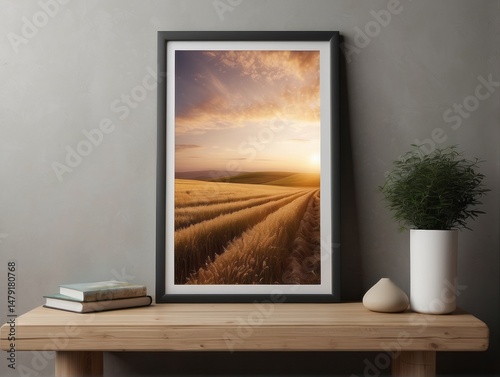 Mockup poster frame close up on wall with decor