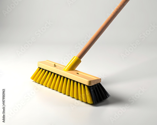 Yellow broom with wooden handle on white background