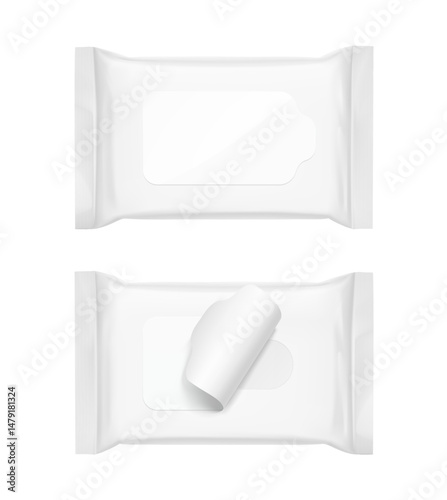 Open and closed wet wipes flow package mockup with realistic flap. Vector illustration isolated on white background. Can be use for your design, promo, adv and etc. EPS10.
