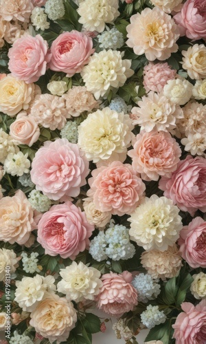 Pastel roses, peonies & hydrangeas Vintage artificial flower wall Romantic, elegant backdrop , flower arrangement, botany