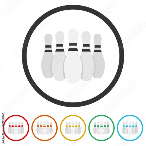 Bowling pin icon. Set icons in color circle buttons
