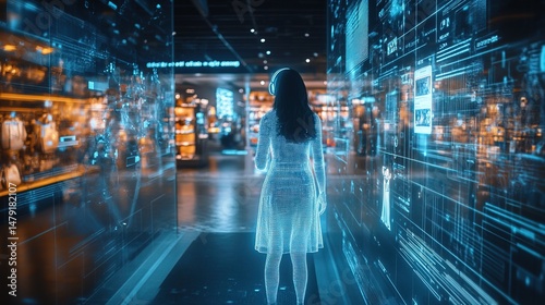 A smart AI hologram assistant guiding a user through a futuristic shopping experience