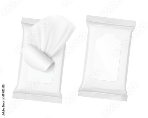 Open and closed wet wipes flow package mockup with realistic flap. Vector illustration isolated on white background. Can be use for your design, promo, adv and etc. EPS10.