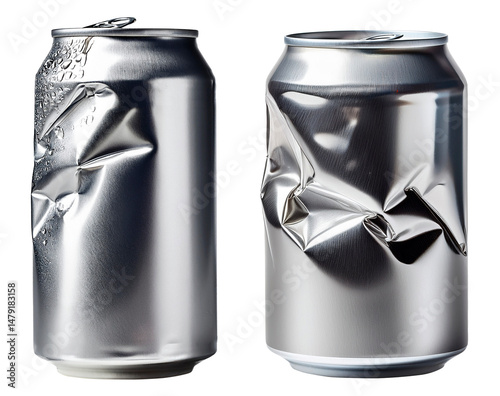 group of dented soda can in silver color isolated on white background