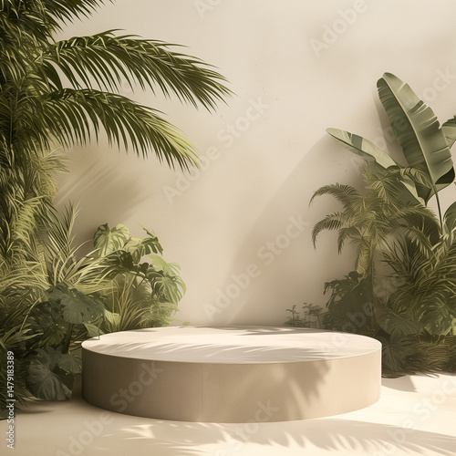 A serene and stylish setup with a soft, neutral-colored circular pedestal surrounded by lush tropical plants. 