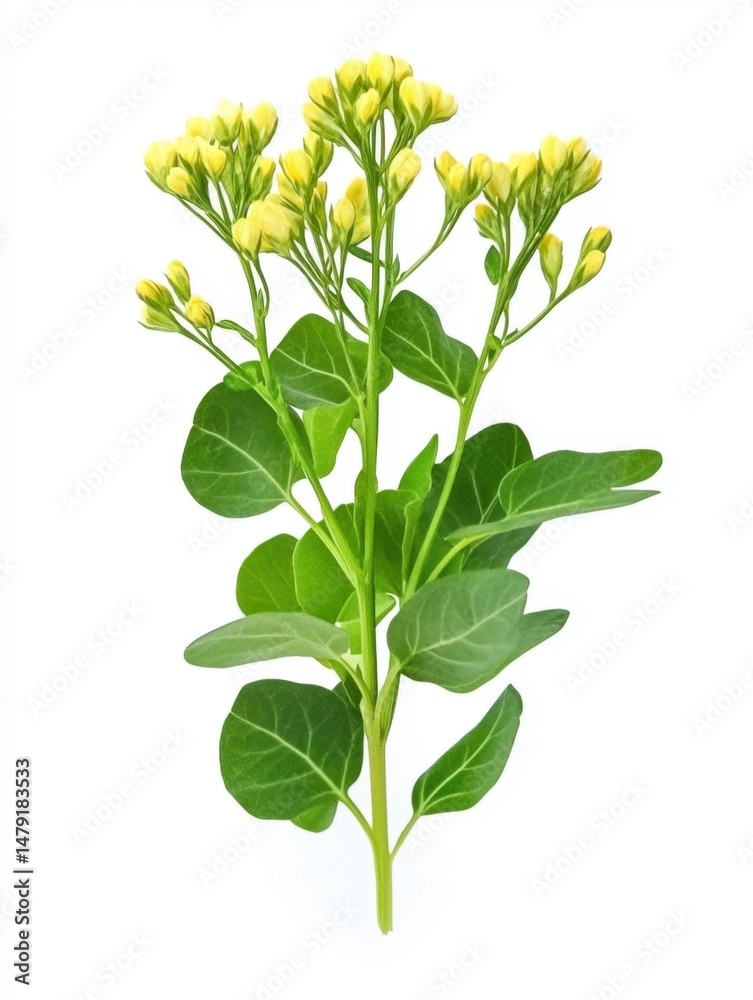 Obraz premium Isolated bok choy flowering plant on white background studio shot close up of yellow blooms and green leaves