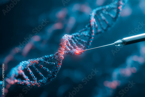 Macro image of a precision needle editing a glowing digital DNA strand, representing CRISPR genetic modification in a high-tech biomedical environment. ai generative