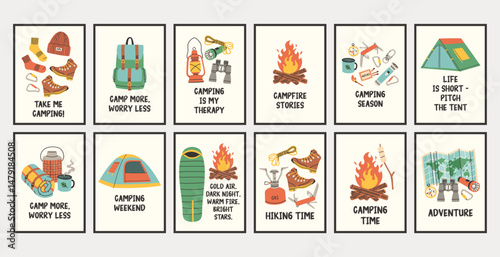 Vertical simple camping poster big set. Summer outdoor activity brochure with hiking and camping logo, nature recreation concept. Flyer banner for forest adventure, summer travel camp illustration.