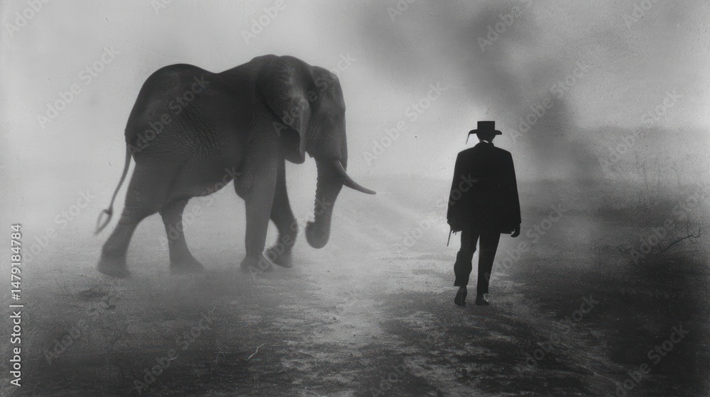 Obraz premium A man in a hat walks towards an elephant in a dusty, foggy environment