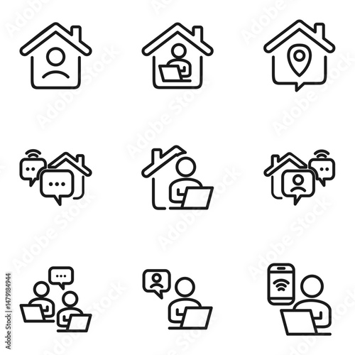 Remote Work Line Icons . Freelancer Work from Home, Video Call, Online Meeting, Teleconference Vector Set
