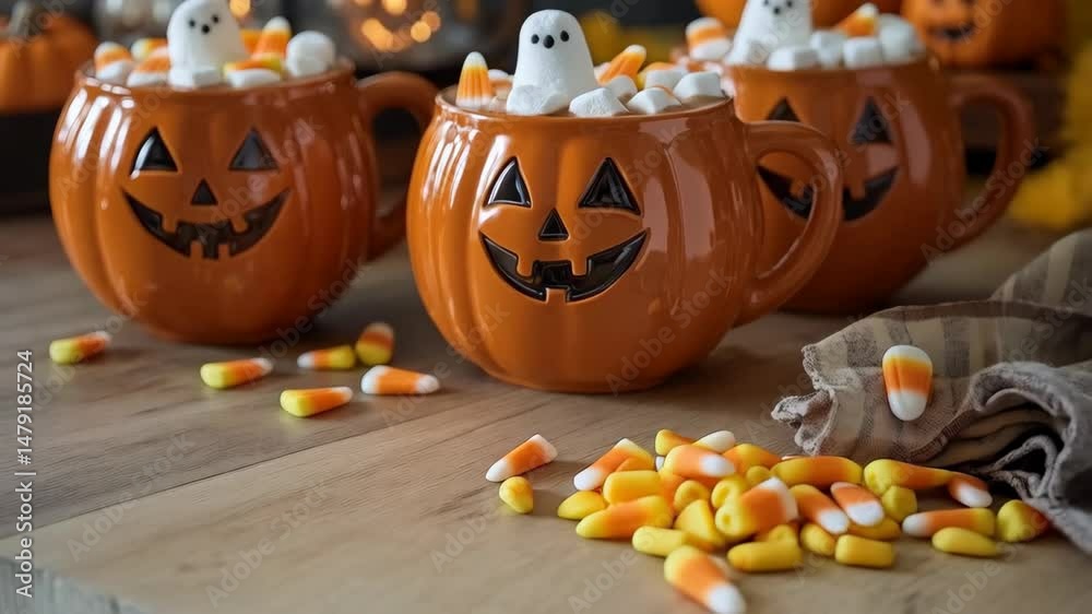 Festive jack-o'-lantern pumpkin mugs with marshmallow ghosts and candy corn filled with hot chocolate on wood surface for Halloween