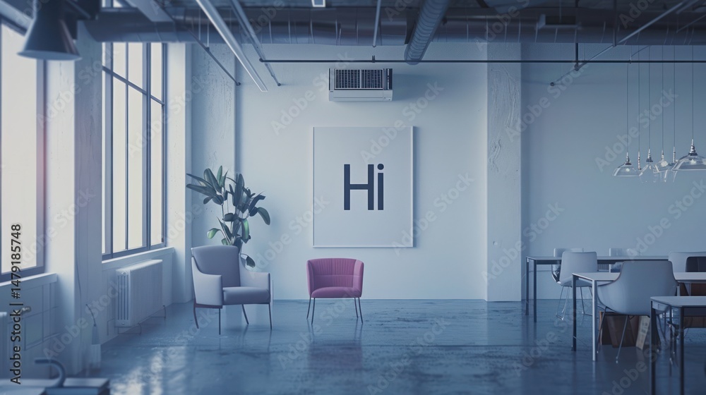 Fototapeta premium A minimalist office with large windows, concrete floors, and a simple white sign with the word Hi on it