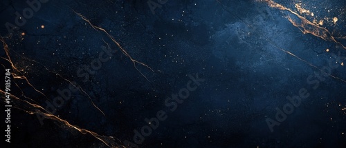 Abstract Dark Blue and Gold Marble Texture Background with Veins and Glittering Particles Elegant Design