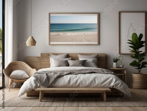 Mockup frame in bedroom interior background, Coastal boho style