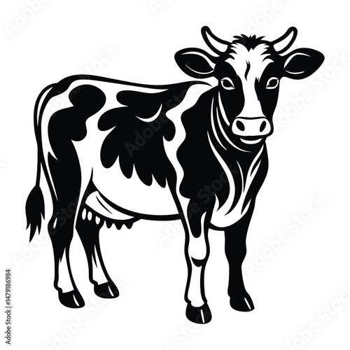 Cow animal vector silhouette with a white background, drawn in a woodcut style with simple line art