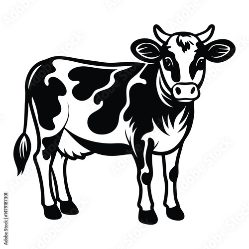 Cow animal vector silhouette with a white background, drawn in a woodcut style with simple line art
