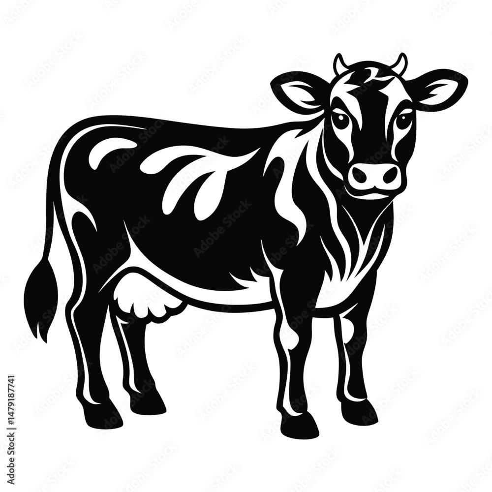 Fototapeta premium Cow animal vector silhouette with a white background, drawn in a woodcut style with simple line art
