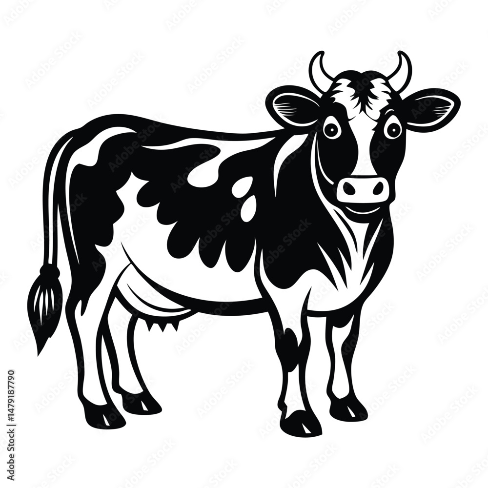 Fototapeta premium Cow animal vector silhouette with a white background, drawn in a woodcut style with simple line art