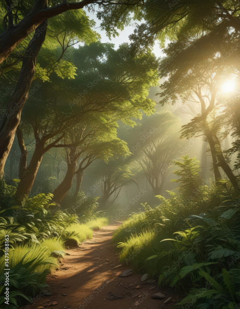 Naklejka premium Golden sunlight streams through lush green canopy, illuminating forest floor , green, trees