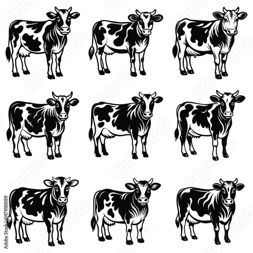Cow animal vector silhouette with a white background, drawn in a woodcut style with simple line art