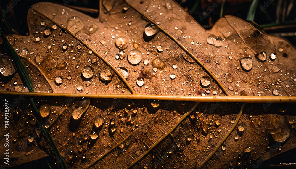 Fototapeta premium Close Up Of Brown Fallen Leaf With Water Droplets On Surface