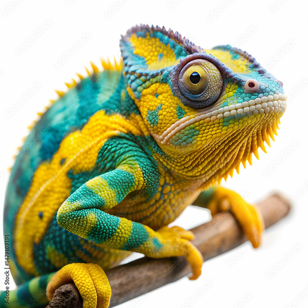 Obraz premium A striking yellow and blue panther chameleon, isolated on white, showcasing its vivid colors and textured