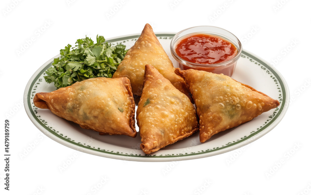 Plate of samosas with sauce on transparent or white background Plate of samosas with sauce on transparent or white background