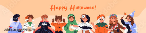Happy Halloween banner design with cute kids in carnival costumes. Funny children are wearing spooky suits of wizard, fairy, wolf, pumpkin for Helloween masquerade, party. Flat vector illustration