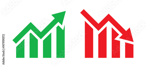Graph going Up and Down sign with green and red arrows. Up arrow flow chart, Bullish trend. Bear market, bearish trend. Rising and downward trend