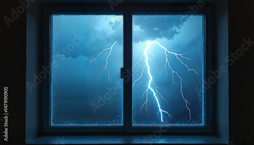 Lightning striking outside window during storm
