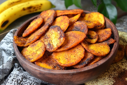 Crisp, golden-brown plantain chips are piled high in a rustic wooden bowl on a textured surface