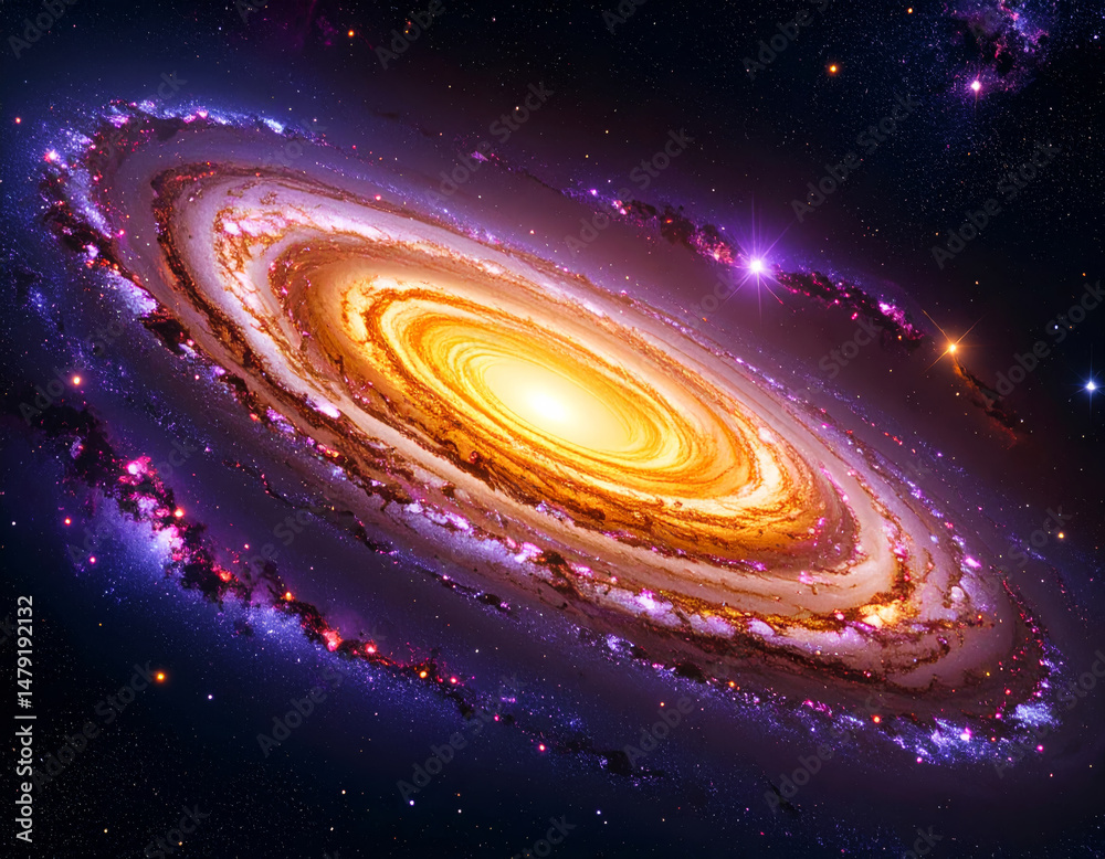 Obraz premium stunning galaxy with swirling arms of vibrant colors, showcasing bright core surrounded by stars and cosmic dust, evokes sense of wonder and beauty in universe