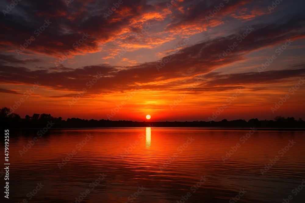 Fototapeta premium Vibrant sunset over tranquil lake.