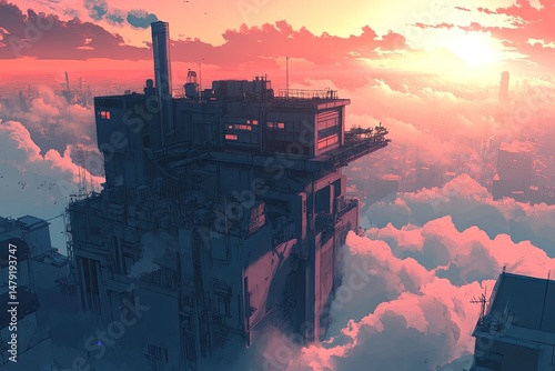 Floating, crumbling city amidst a vibrant sunset sky. photo