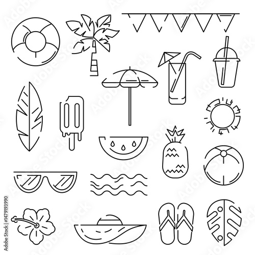 Set of summer items. Stylized beach objects.