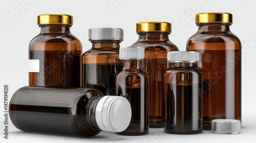 3d realistic vector mock up set of medicine bottles in brown glass with white cap. Isolated icon illustration on white background.