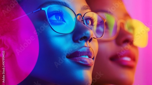 Two individuals wearing stylish glasses under colorful neon lighting