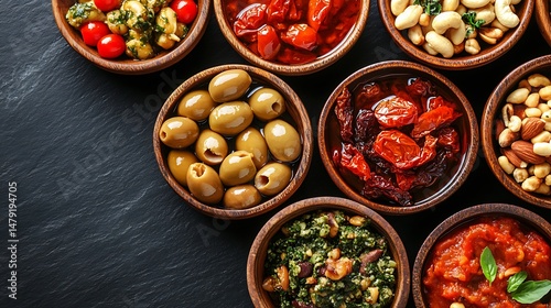 Delicious Mediterranean Appetizers Selection Olives Tomatoes Pesto Nuts Wooden Bowls