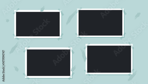 A set of photos pinned to a photo album page. Photos cliparts. Mockup of page with blank photos. Vector flat banner.