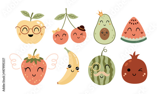 Cute groovy fruits and berries clipart set, cartoon summer characters. Adorable hand drawn vector illustration in flat style