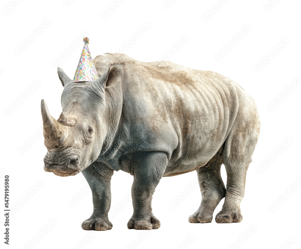 Fototapeta premium Rhino wearing a party hat celebrating a special occasion on a transparent background, cut out