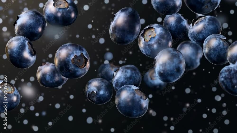 Numerous fresh blueberries dynamically float amidst bokeh lights against a dark backdrop, showcasing their vivid color and juicy texture with a visually appealing aesthetic. Numerous fresh blueberries dynamically float amidst bokeh lights against a dark backdrop, showcasing their vivid color and juicy texture with a visually appealing aesthetic.
